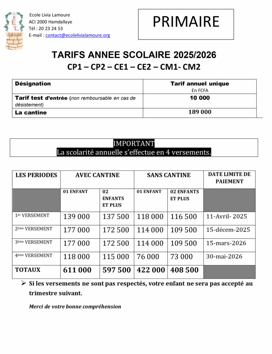 TARIFS ANNEE SCOLAIRE_PRIMAIRE_LIVIA_LAMOURE