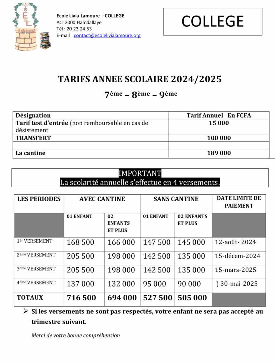 TARIFS ANNEE SCOLAIRE_COLLEGE_LIVIA_LAMOURE